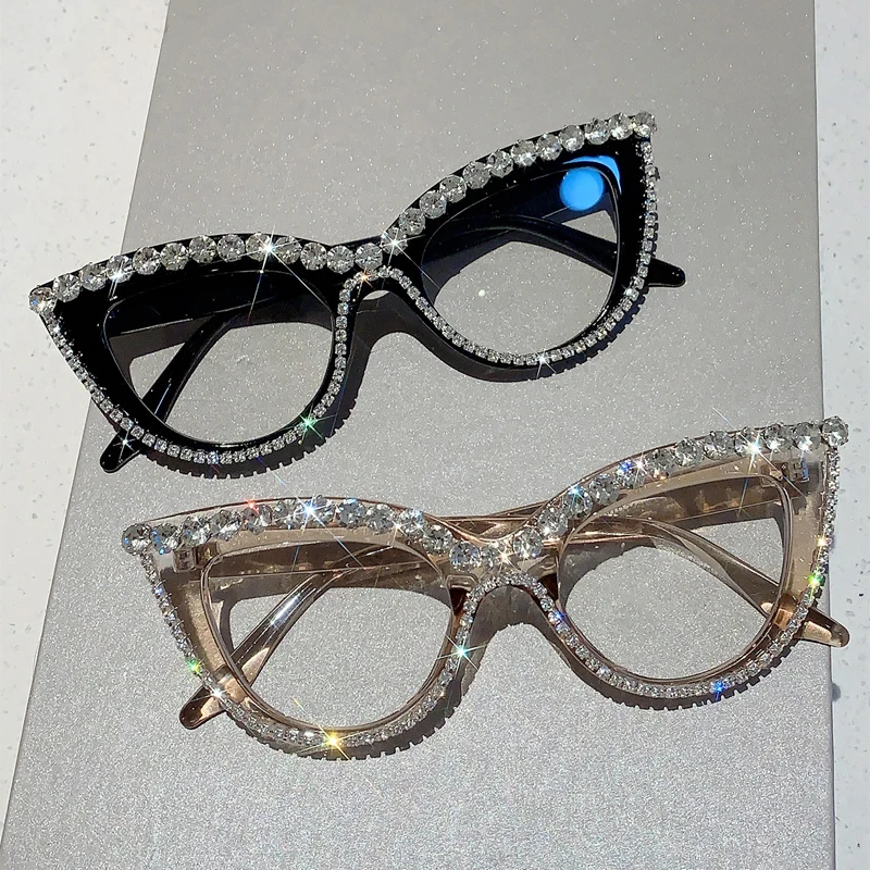 KAMMPT Retro Cat Eye Glasses With Rhinestones for Women 2024 New Stylish Trendy Luxury Brand Designer Oversized Spectacles