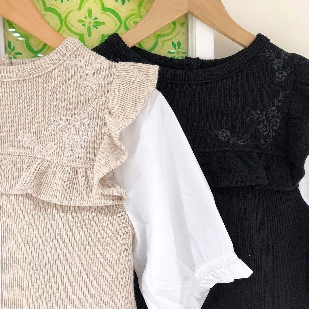 

Spring Women's ort Knitted Patchwork Embroidered irt T-irt Japanese Sle Sweet Sle Long Sve Regular Fit Top