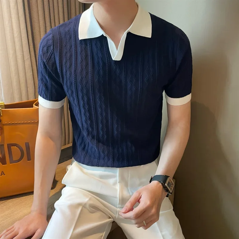 Knitted Short-sleeved POLO Shirt Men's Summer Lapel Slim-fitting Japanese Color Matching Casual Soft Waxy Top