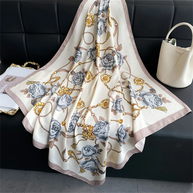 Luxury Flower Print Silk Scarf 90cm Twill Scarf Chain Large Square Scarves Sunscreen Shawl Headscarf for Women Foulard