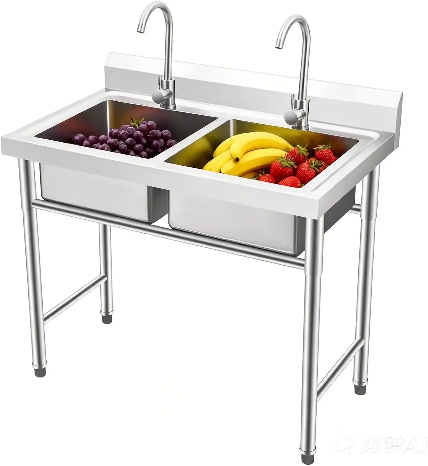 Stainless Steel Sink 2 Compartment Free Standing Utility Sink, Double Bowl Kitchen Sinks with 2 Rotary Faucets, Commercial Prep