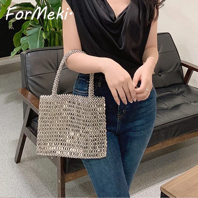 

Metal Shopping Bag Ins Fashion Handbag For Women Weave Luxury Design Hollow Out Retro Bag