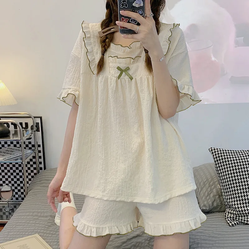 Pajamas Women's Summer Short-Sleeved Japanese Girls Solid-Coloured Breathable Large Size Bubble Cotton Casual Pajamas Homewear