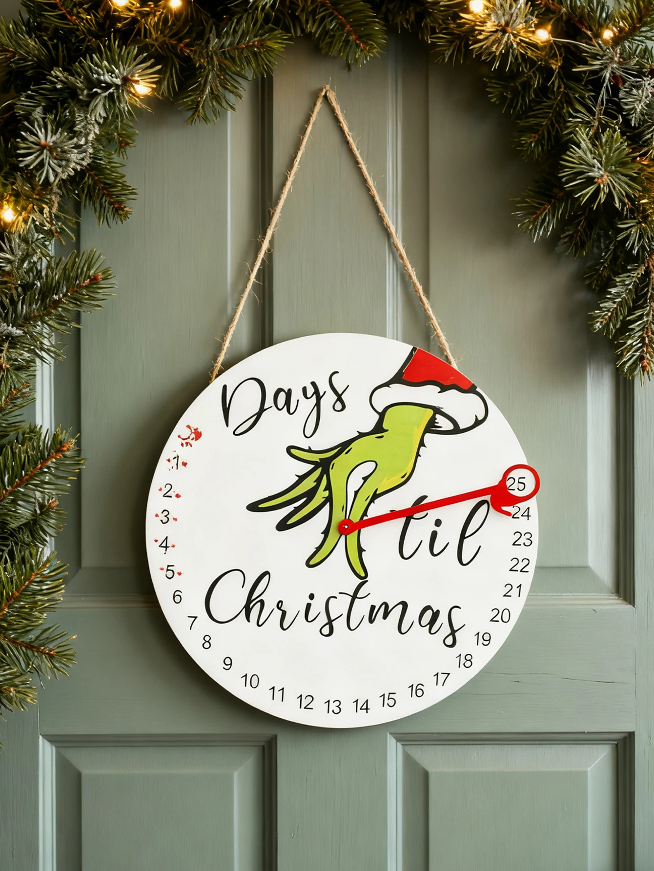 Christmas Calendar Green Hand Pattern Countdown Sign Round Wooden Hanging Decor Festive Advent Calendar for Home Door & Wall Art