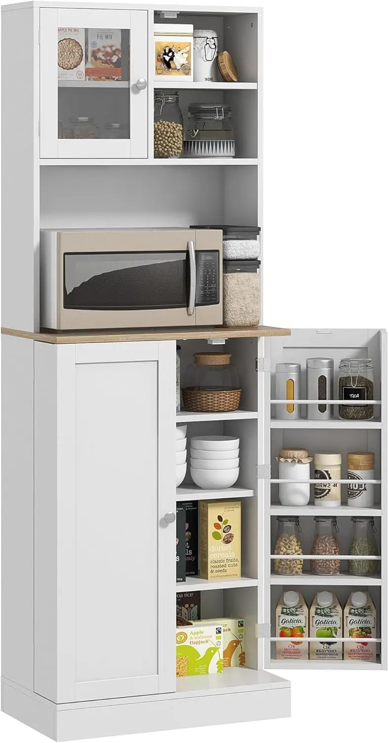 

67" Kitchen Pantry Cabinet, Freestanding Food Storage Cabinet with Microwave Shelf, 8 Door Shelves and Glass Door, White