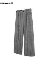 Mauroicardi Spring Long Grey Flowy Baggy Wide Leg Pants for Mens Sashes Clothing Loose Casual Soft Korean Fashion Trousers 2024