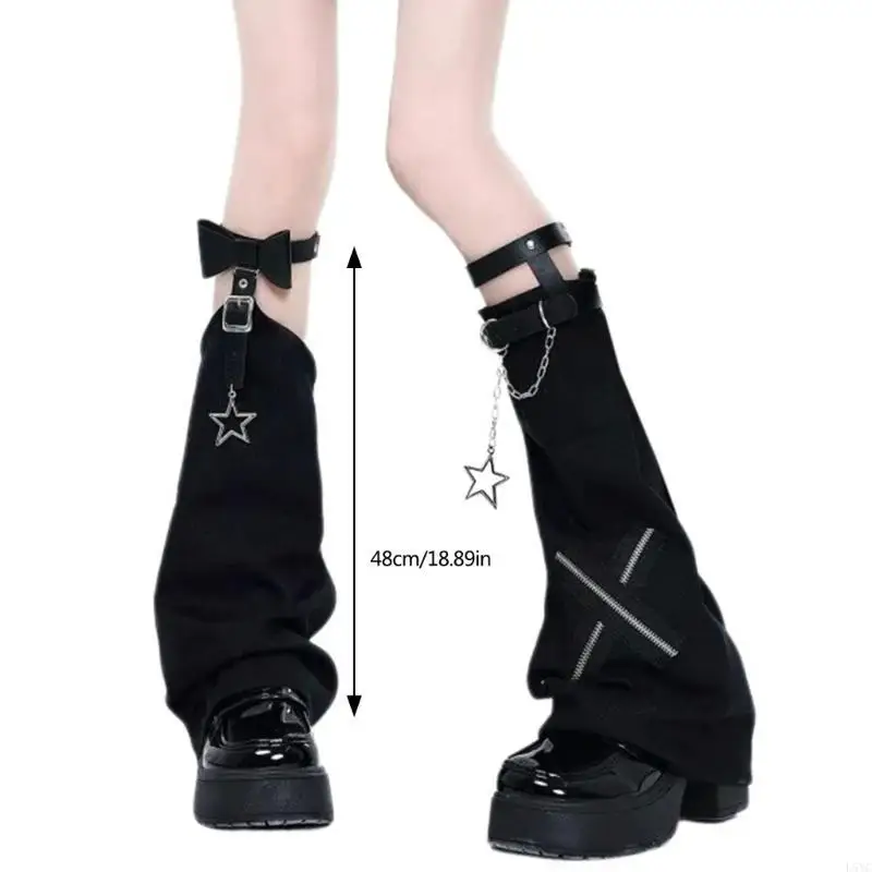 L5YC Aesthetic Fashion Leather Buckle Garters Leg Warmer Streetwear Harajuku Boot Cover Vintage Crosses Stitched Leg Warmer