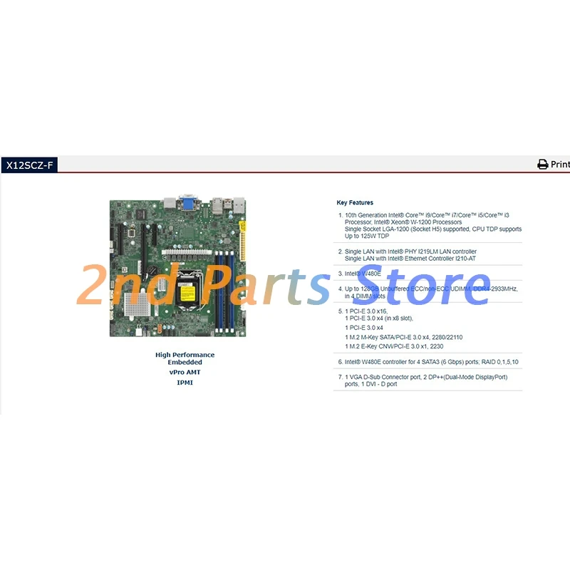 Original Server Motherboard For Supermicro X12SCZ-F