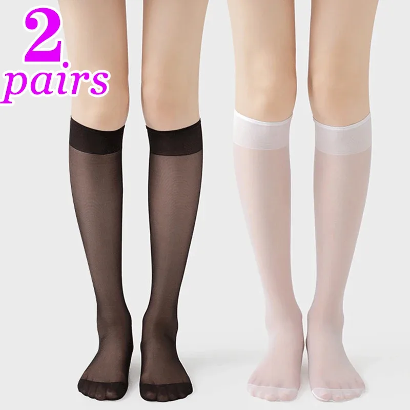 2 Paar Lolita Seidensocken Kniestrümpfe Tube JK Mädchensocken Durchsichtige weiße schwarze lange Socken Lolita Nylon Knie-Lolita-Strümpfe