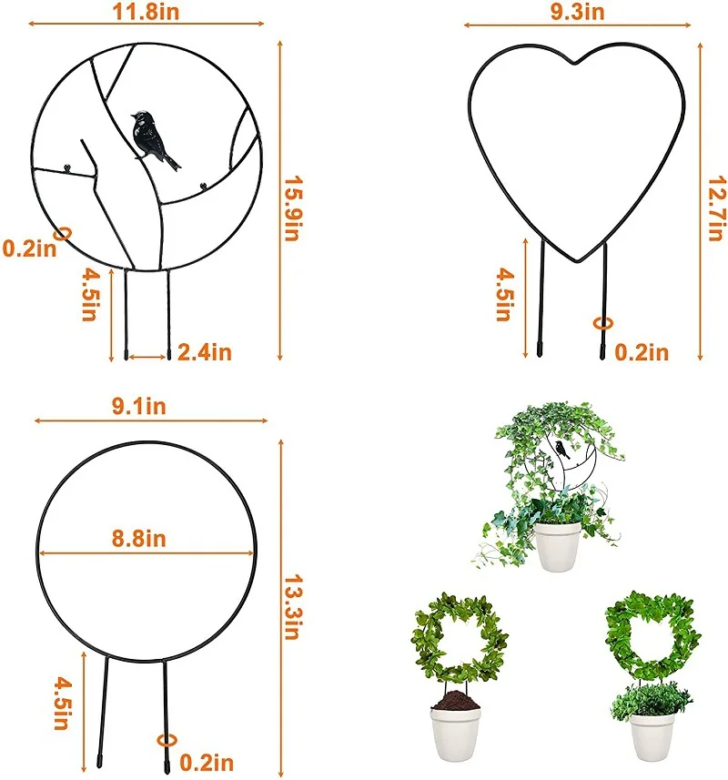 1Pc Garden Plant Support Stake Stand Round Vine Climbing Rack Ironheart-Shaped Flower Plant Trellis Support Frame Garden Decor