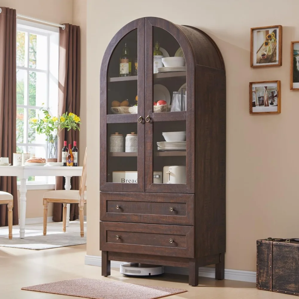 71" Tall Arched Kitchen Pantry Cabinet, Wood Kitchen Storage Cabinets with 2 Large Drawers and Adjustable Shelves image 3