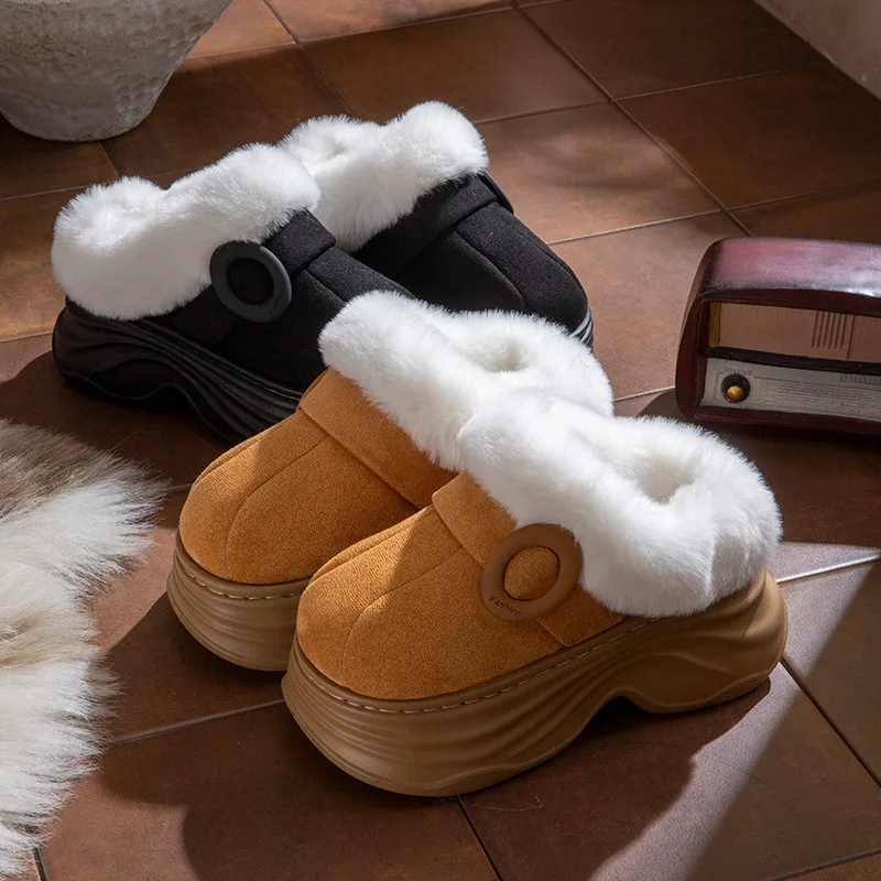 

New platform plush mules shoes for women winter indoor furry slippers woman chunky heels fluffy slipper ladies home shoes clogs