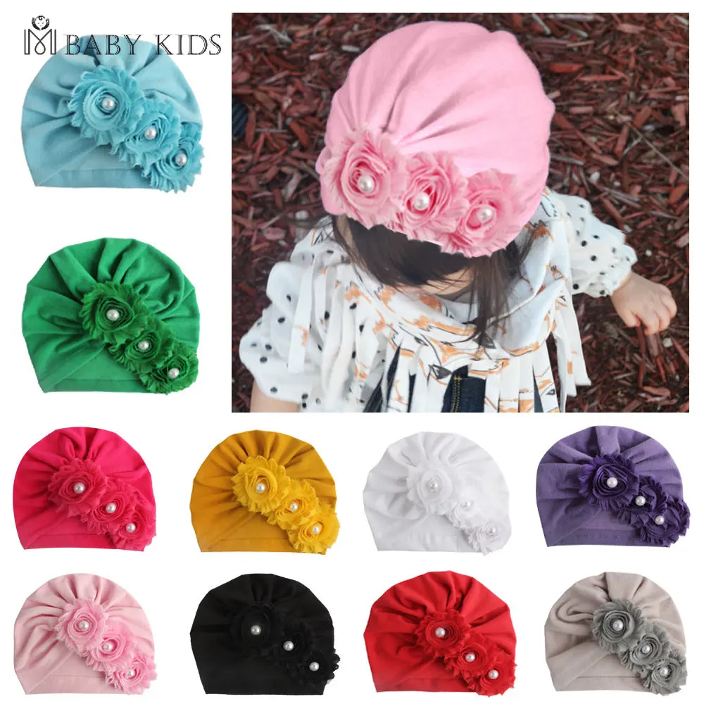 New Infant Newborn Caps with Pearl Chiffon Flowers Cotton Blend Kont Turban Girls Stretchy Beanie Hat Baby Hair Accessories