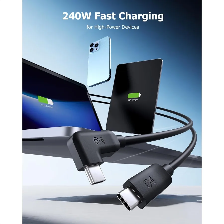 كابل USB C بزاوية قائمة 20 جيجابت في الثانية منافذ 6 أقدام حتى [8 كيلو @ 30 هرتز 4 كيلو @ 120 هرتز فيديو 240 وات شحن نقل بيانات 20 جيجابت في الثانية] كابل USB C بزاوية 90 درجة