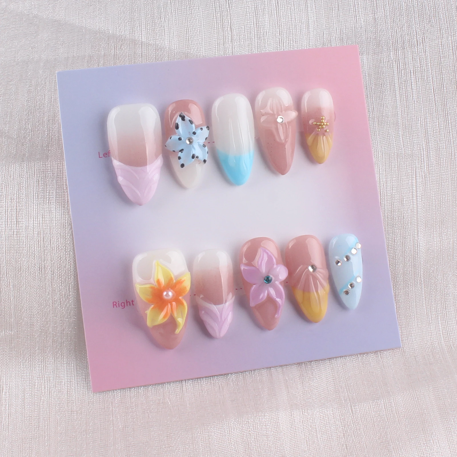 

10pcs Handmade Press On Nails - Medium Almond French Tip False Nails with Floral Glossy Designs