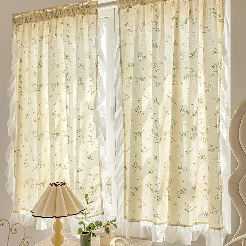 Korean Rufffle Daisy Curtains Road Pocket Shade Curtain Floral for Kitchen Bedroom Living Room Bay Window Cabinet Curtain