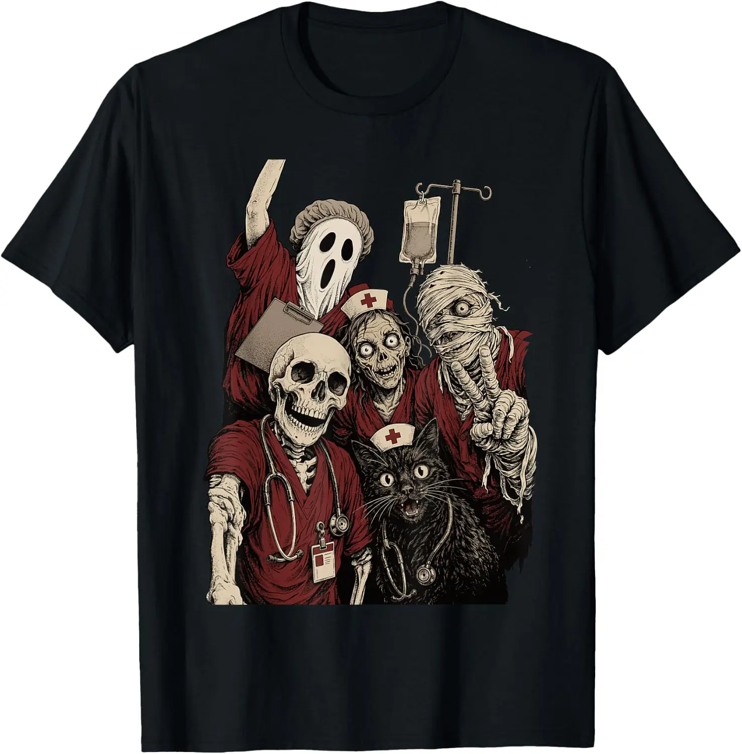 Halloween Nurse Squad Skeleton Spooky Nursing Crew RN Scrubs T-Shirt Unisex Vintage Graphic Print T‑Shirt Retro Aesthetic Crew Neck Short Sleeve Soft Cotton Tee Casual Streetwear Tops Men.Unisex Holiday Festive Graphic Tee Party