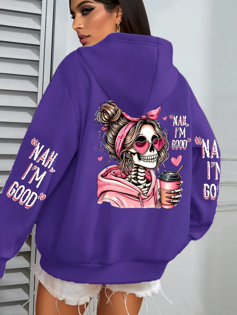 I'm Good Coffee Skull Lustiger Druck Damen-Hoodie, lockerer Jogging-Pullover, Fleece, Herbst-Sportbekleidung, lässiger Y2K-Unisex-Hoodie – Detail 6