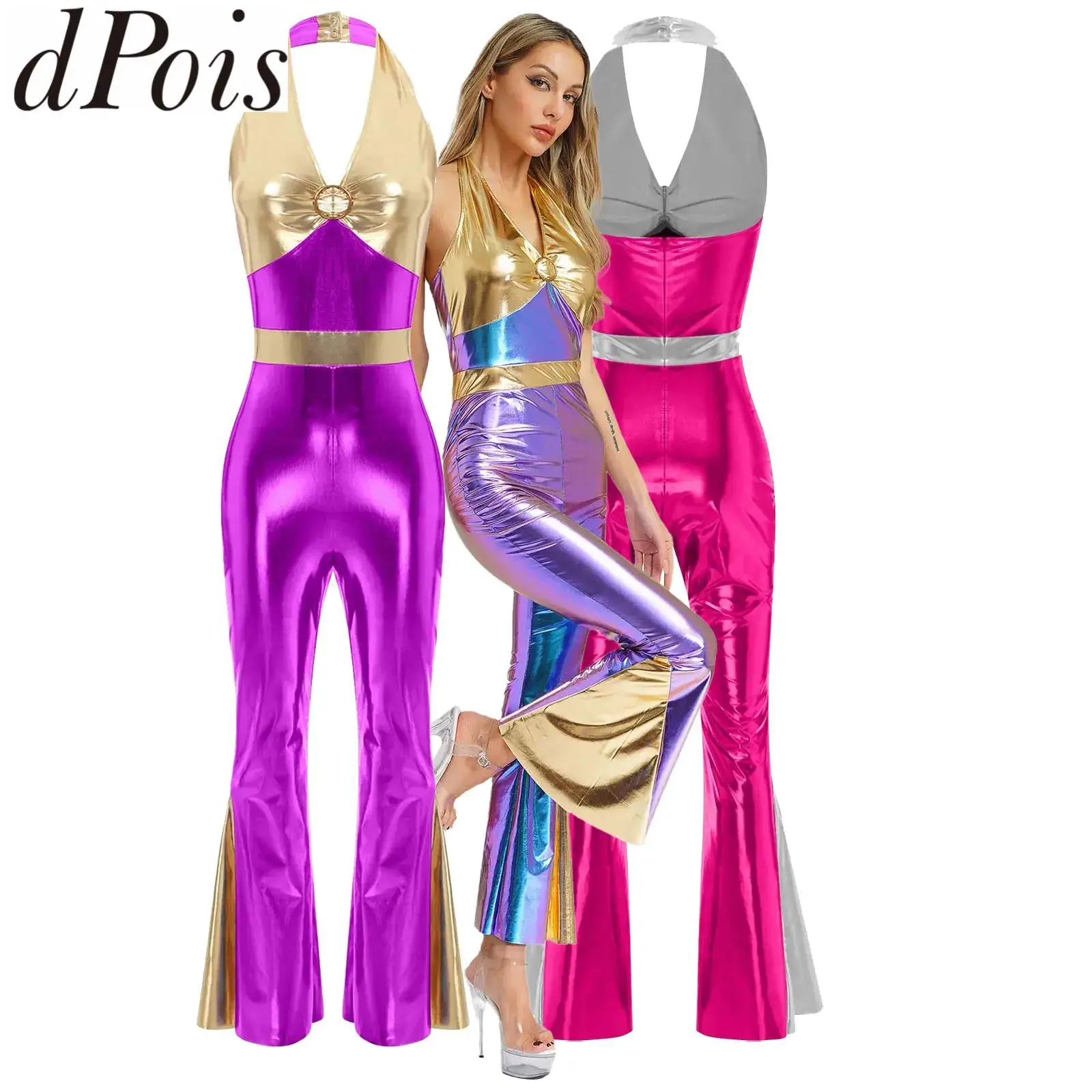 

Womens 70s 80s Disco Classical Vintage Costume for Jazz Ballroom Dance Party Hippie Rompers Retro Blackless Bell Bottom Jumpsuit
