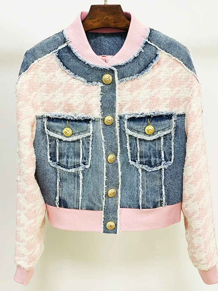 Newest 2024 Designer Fashion Women\'s Lion Buttons Houndstooth Tweed Denim Patchwork Tassel Fringed Jacket