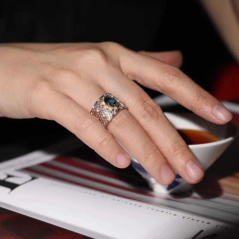 VENTFILLE 925 Sterling Silve Topaz Ring for Women Gift Lace Hollowing Out Wide Versatile Grace Vintage Jewelry Dropshipping