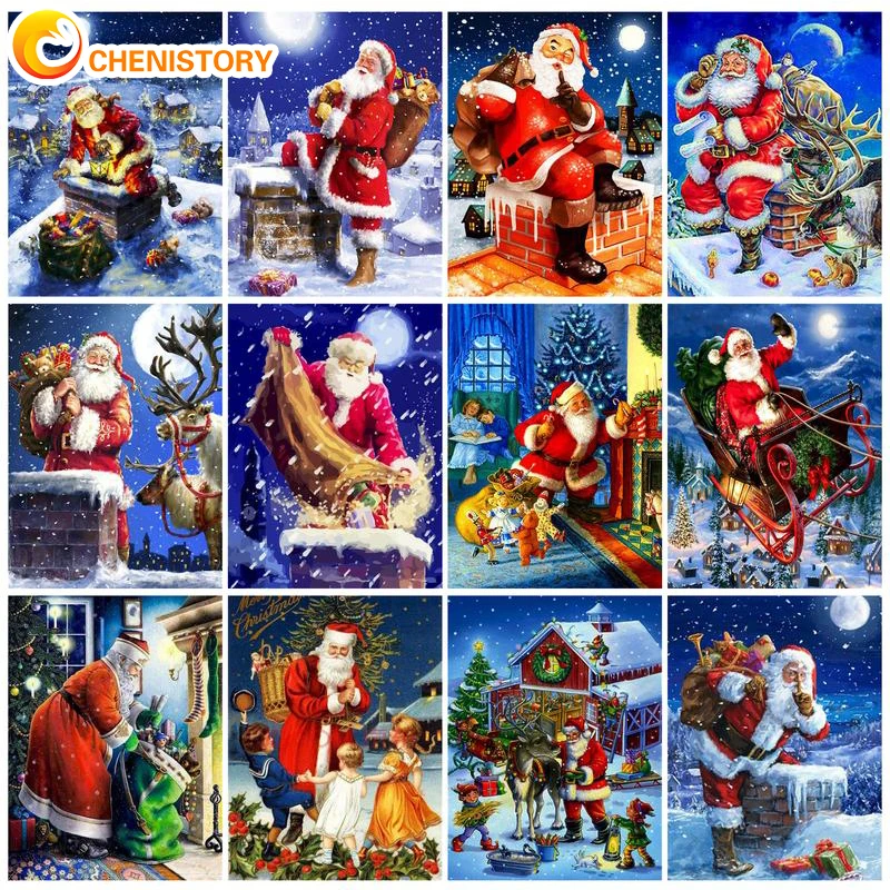 

CHENISTORY Full Diamond Drill Round Christmas Mosaic Diamond Embroidery Santa Claus Diamond Painting Cross Stitch Diamond Rhines