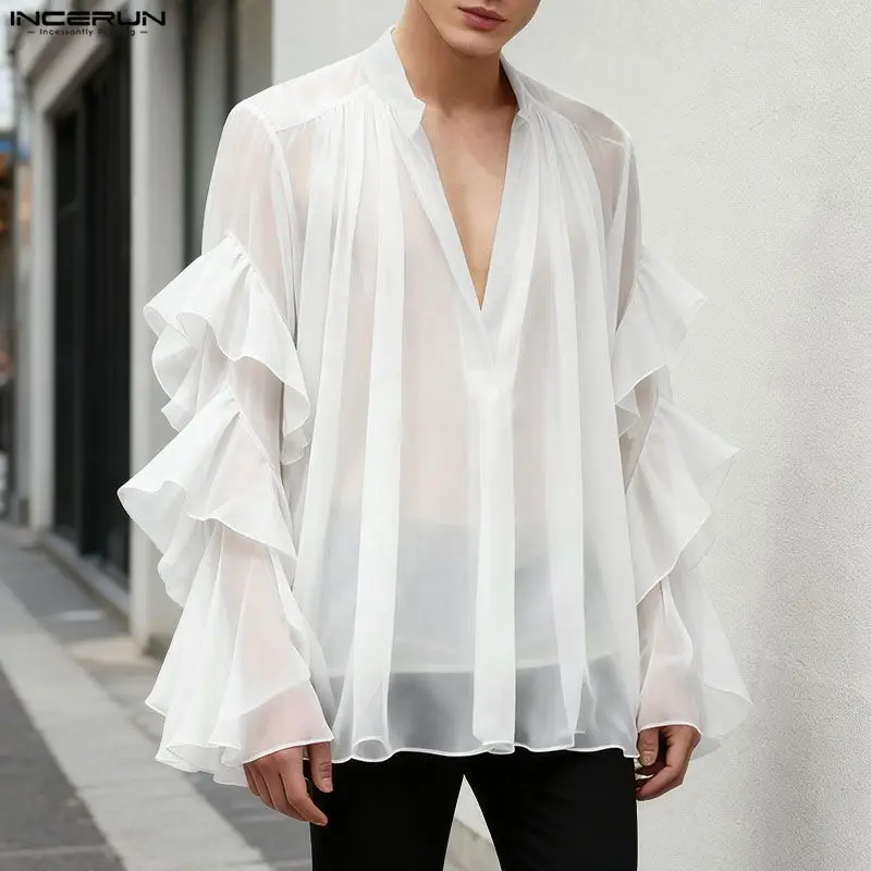 INCERUN Männer Hemd Solide Mesh Sehen Durch Rüschen V-ausschnitt Langarm Tops Männlich Shirts Streetwear Oversize Fashion Party Camisas