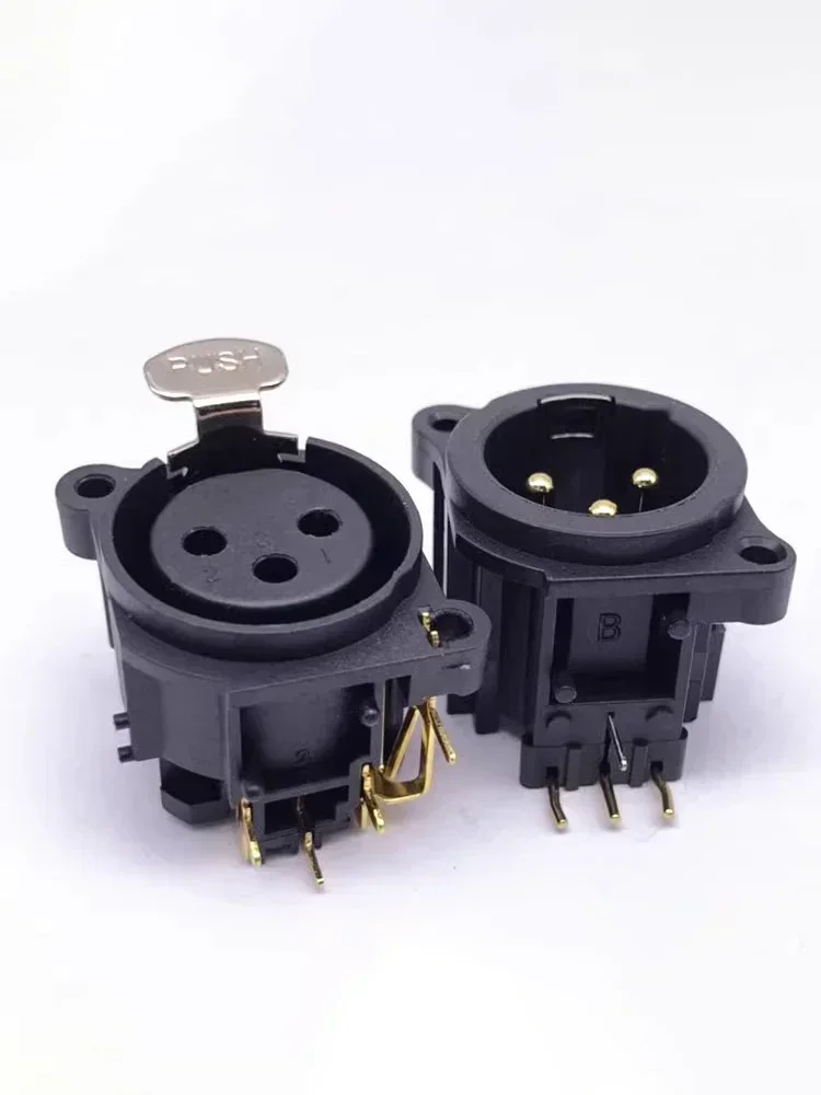 Connecteur XLR à 3 broches plaqué or, circulaire, Vertical, droit, PCB, montage sur panneau, prise de châssis, boîtier en plastique noir