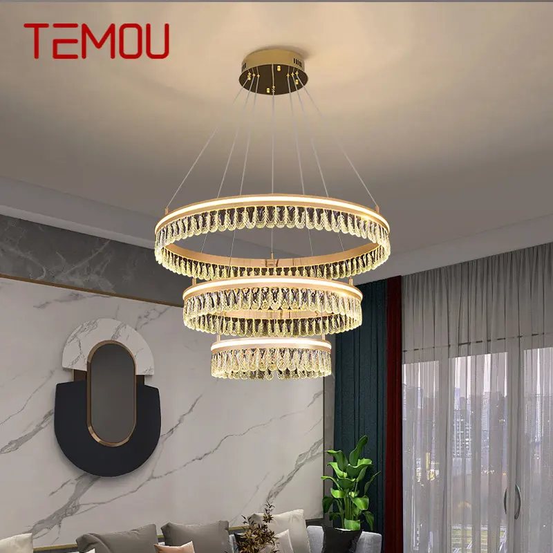 

TEMOU Hanging Crystal Pendant Light Modern Vintage LED Luxury Ring Chandelier Home Decor For Living Room Villa Duplex