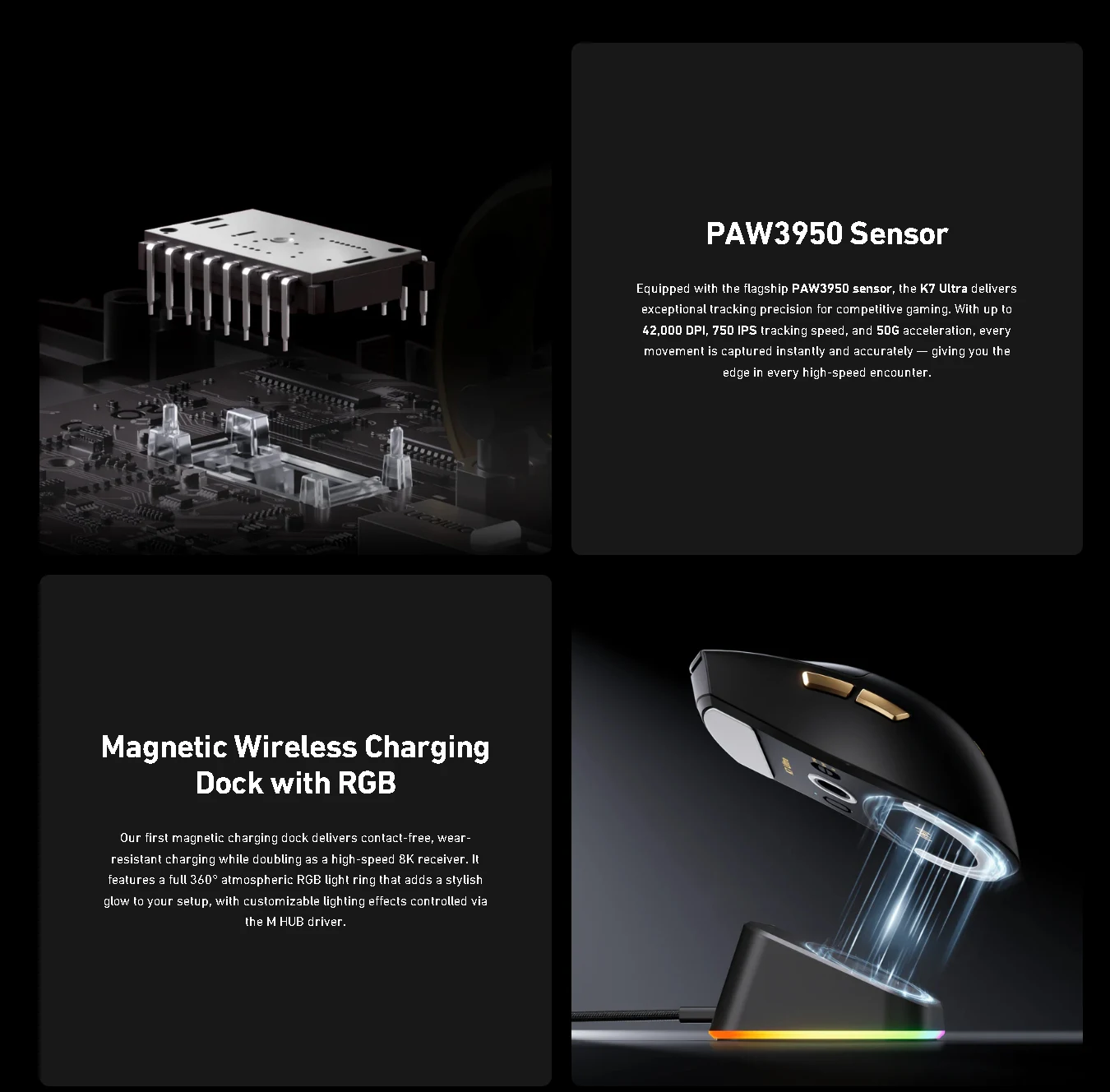 MCHOSE K7 Ultra Gaming Mouse Beast Mod 8kHz Polling Rate RGB Charging Base 2 in 1 Dongle Ice Coating PAW3950 Optical Switch
