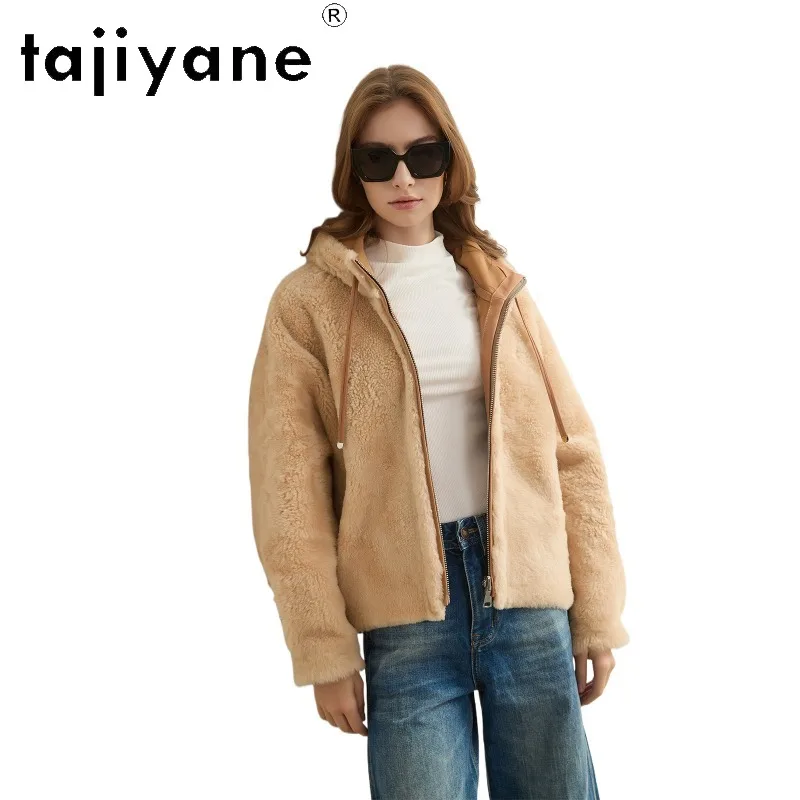TAJIYANE Ecological Sheep Shearling Real Fur Coat Woman Hooded Outerwear Double-sided Fur Jacket Winter Overcoat Slim Fit Шуба