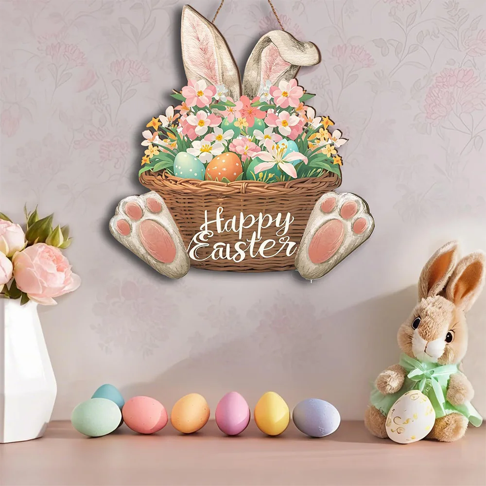 Easter Rabbit Wooden Hanging Sign – Cute Bunny Door Hanger Decorative Plaque for Easter and Spring Home Decor
