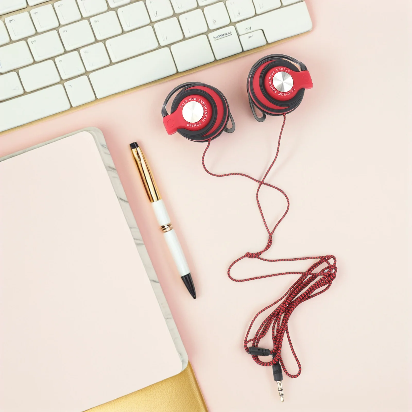 

Wired Earhook Headphones 3.5mm Noise Cancelling Clip On Stereo Earbuds Comfortable Durable Cable Red Computer Phone