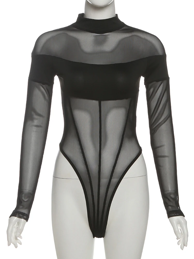 Nibber المرقعة نصف الياقة المدورة داخلية النساء انظر من خلال وهمية هيكل السمكة الديكور مثير حزب الشارع أزياء منتصف الليل الزي #6