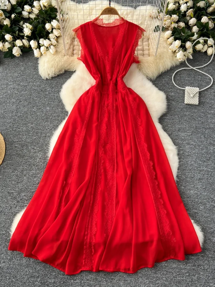 

Women Summer Red Vintage Dress French V-neck Sleeveless Lace Patchwork A-line Chiffon Long Dresses Ladies Elegant Long Robe