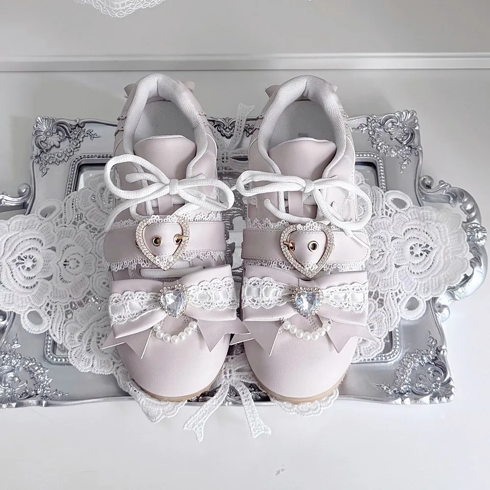 Sweet Lolita Sneakers Women Japanese Style Lace Bow Rhinestone Heart Low Heel Shoes Jirai Kei Daily Casual Lace-up Flat Trainers