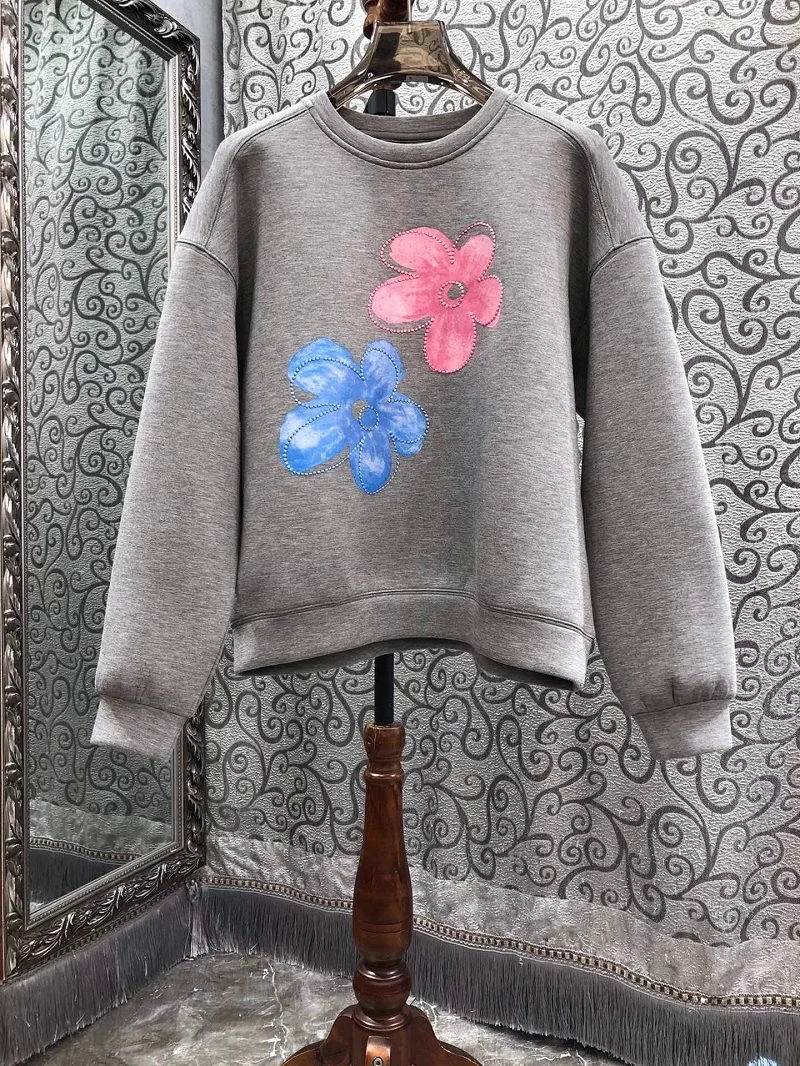 High Quality New Hoodies 2025 Spring Fashion Tops Women Colorful Floral Print Embroidery Long Sleeve Grey Dark Blue Jumpers