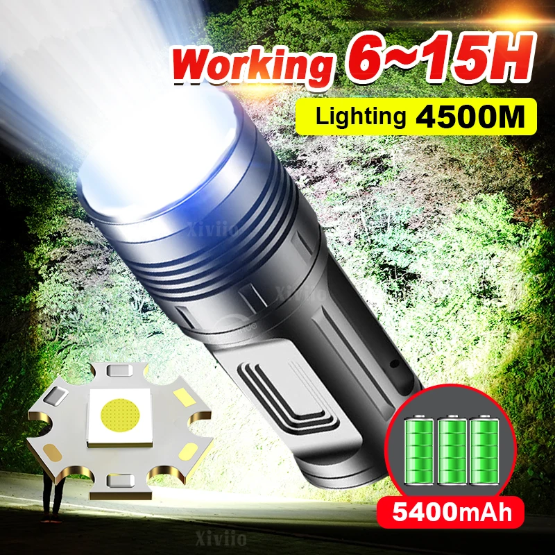 Most Powerful Rechargeable Flashlight Strong Light Portable Torch 5400mah Long Life Fashlight for Camping Hiking Hunting Fishing