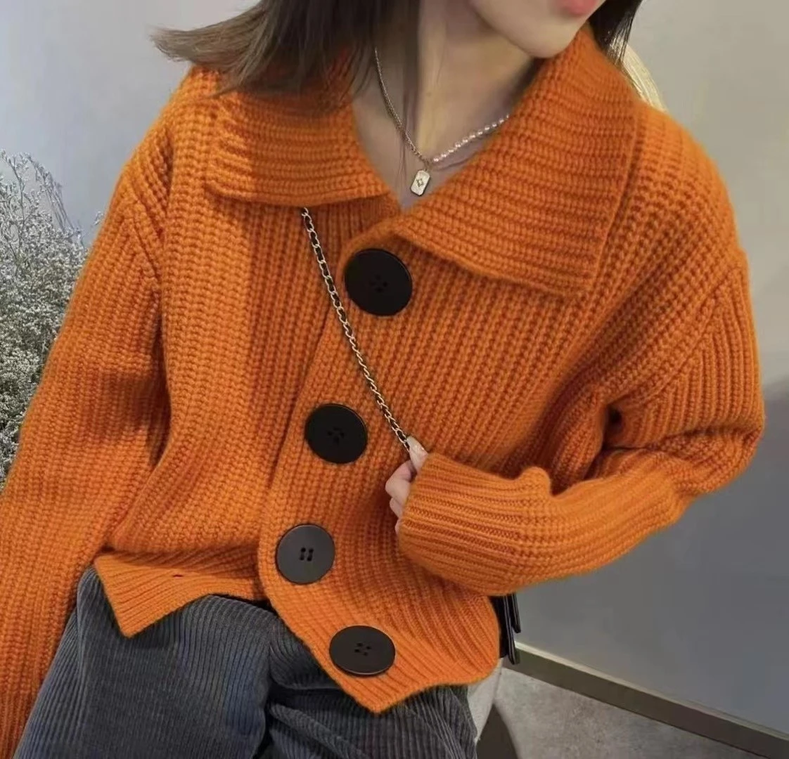 Women's Chunky Knit Cardigan Jacket Big Button Collared Soft Woolen Rib-knit Sweater Autumn Winter Outfit