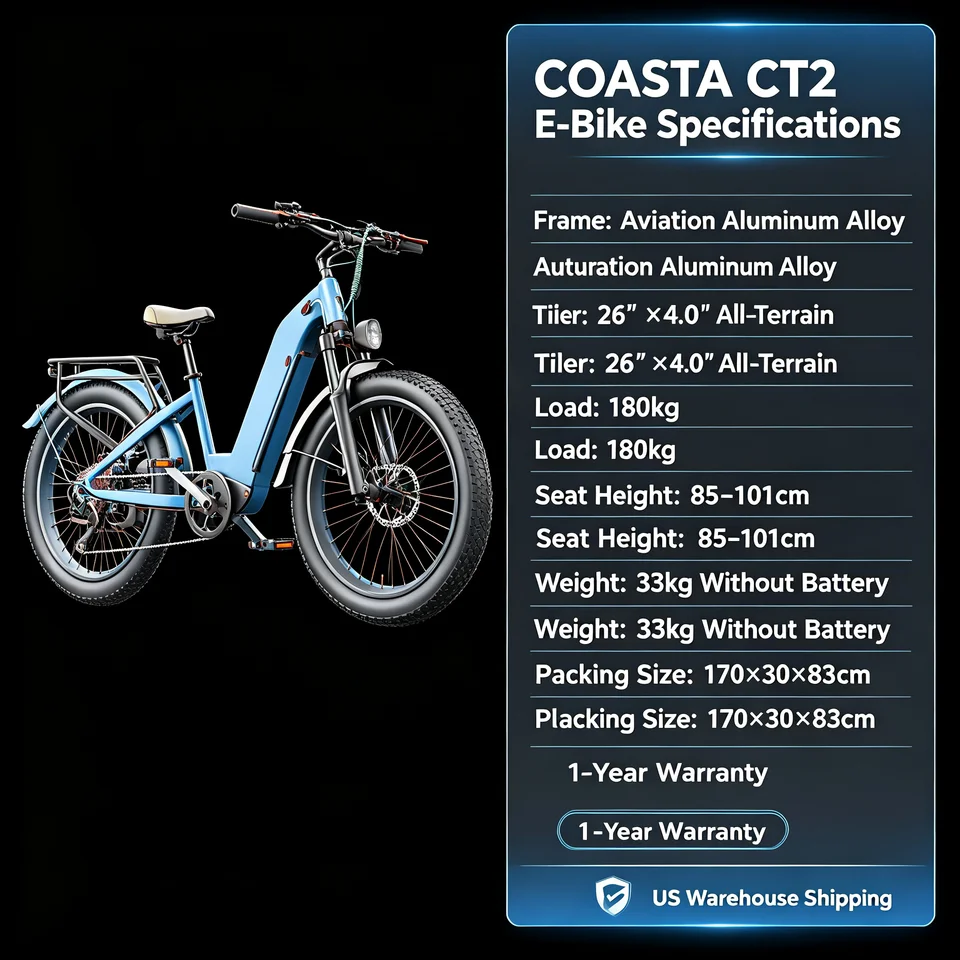 COASTA CT2 26 Inch Dual‑Drive Snow Fat Tire Electric Bike for Adult 155‑190cm Rider,6000W Motor,52V 25Ah Battery,65KM Max Range,Hydraulic Oil Brake,Shimano 7‑Speed,Adjustable Front Fork,IP54 Waterproof,Max Load 180KG,APP&LED Display,UN38.3 UL Certified image 9