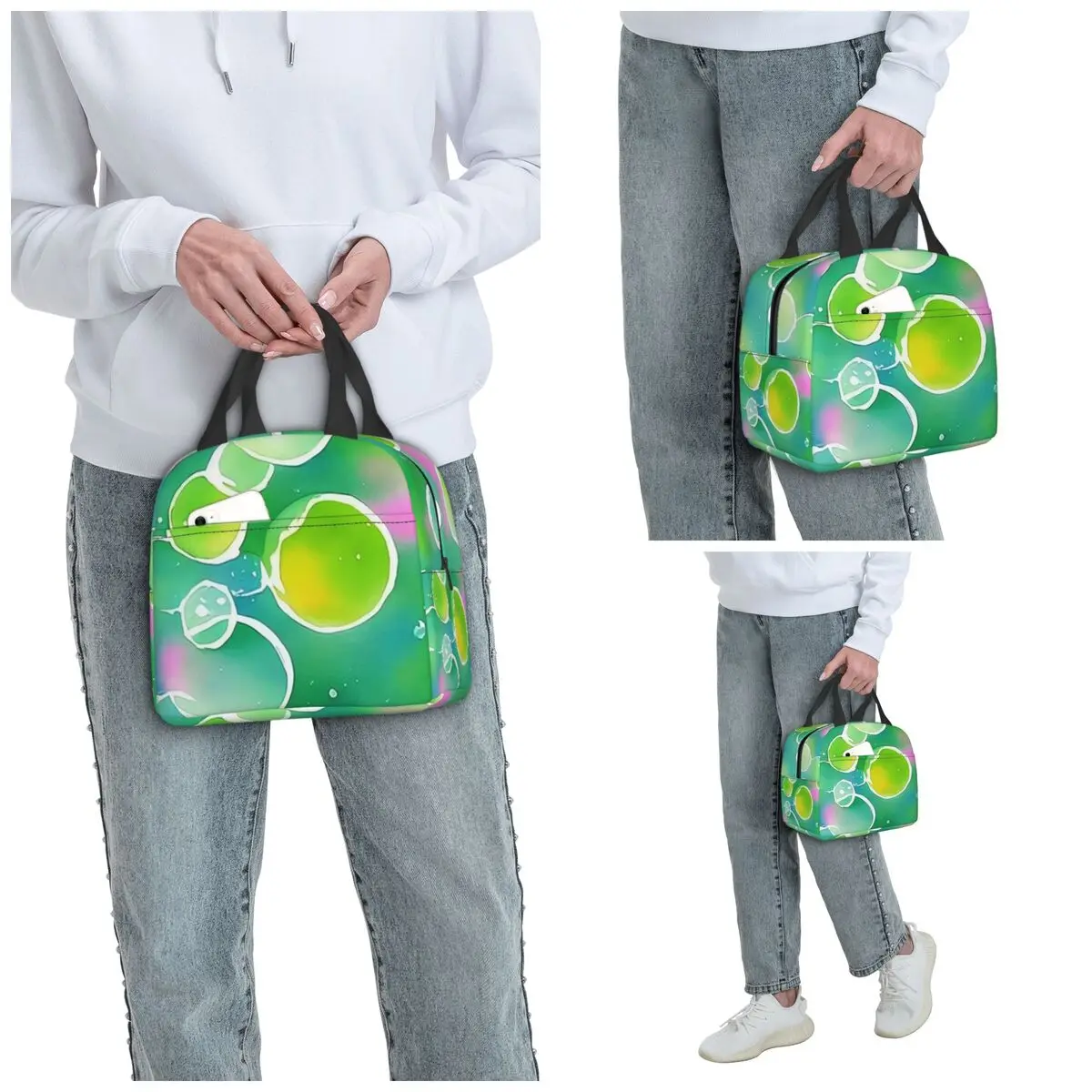 Green And Multicolor Bubble Print Insulated Lunch Bag for Women Office Cooler Thermal Food Box Tote Lunch Boxes Container