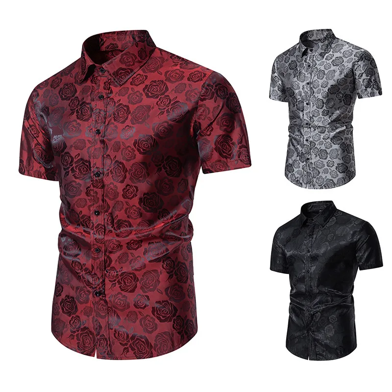 Summer New European Men's Short Sleeved Shirt With Fashionable Rose Print Casual Slim Fit Men's Short Sleeved Shirt Top