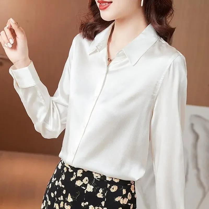 Blouse Women Long-sleeved Shirts Faux Silk Blouse Office Ladies Tops Korean Chic Women Clothing White Black Red Blue Green