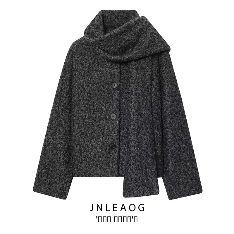 

JNLEAOG Faionable ort Circle Woolen Coat for Women Autumn New Sle Street Sle Long Sve Polyester Fiber Versatile