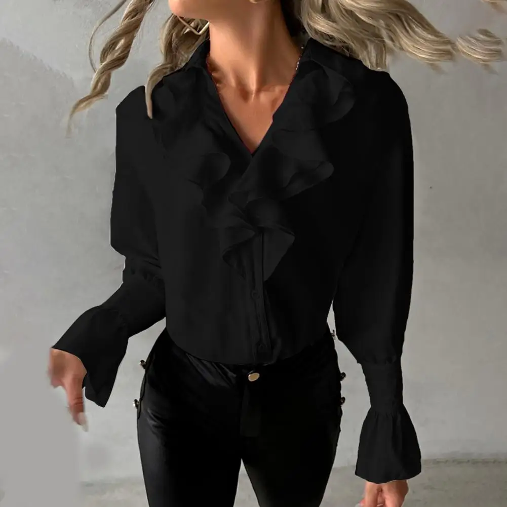 Women Shirt Ruffle Stitching Elastic Cuff Sexy V Neck Long Sleeves Ladies Pullover Streetwear Female Tunic Elegant T-Shirts