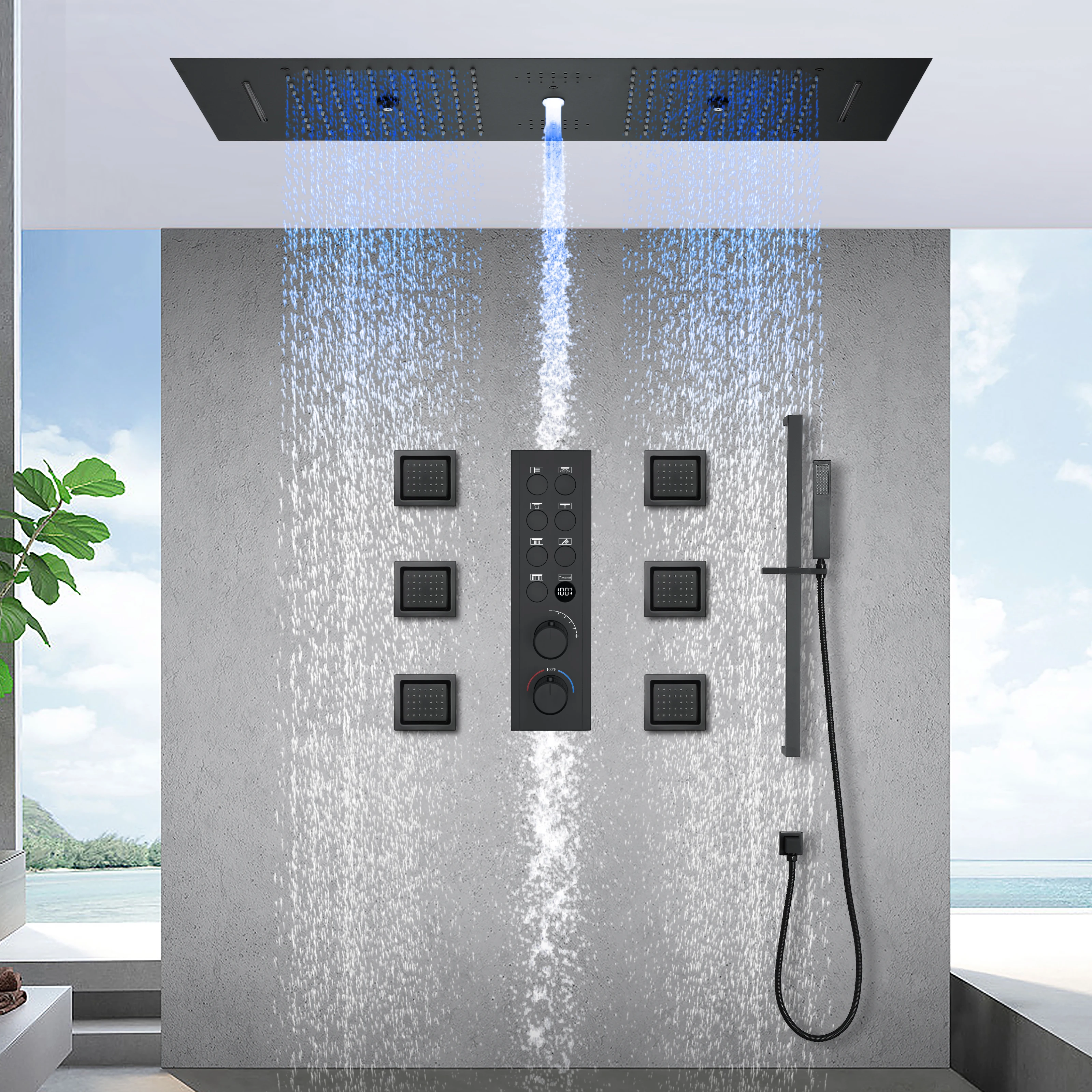 

M Boenn Couple Shower Set Bathroom Ceiling Embedded Bar LED Shower Head with Music Speaker 7 Functions Thermostat Shower Faucets