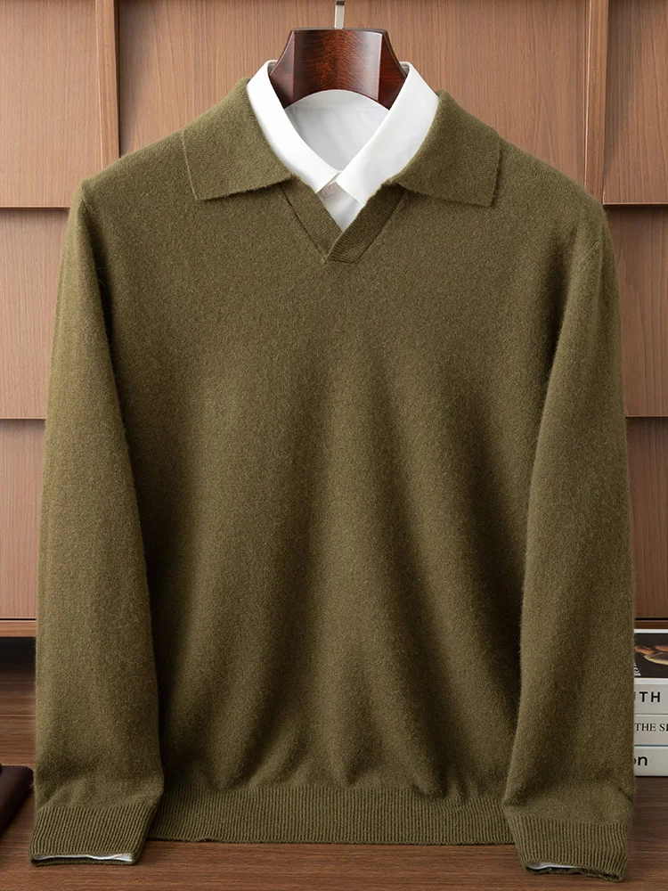 High Quality Men Wool Sweater Polo Collar Pullover Smart Casual Autumn Winter Simple 100% Pure Wool Knitted Soft Clothing Top