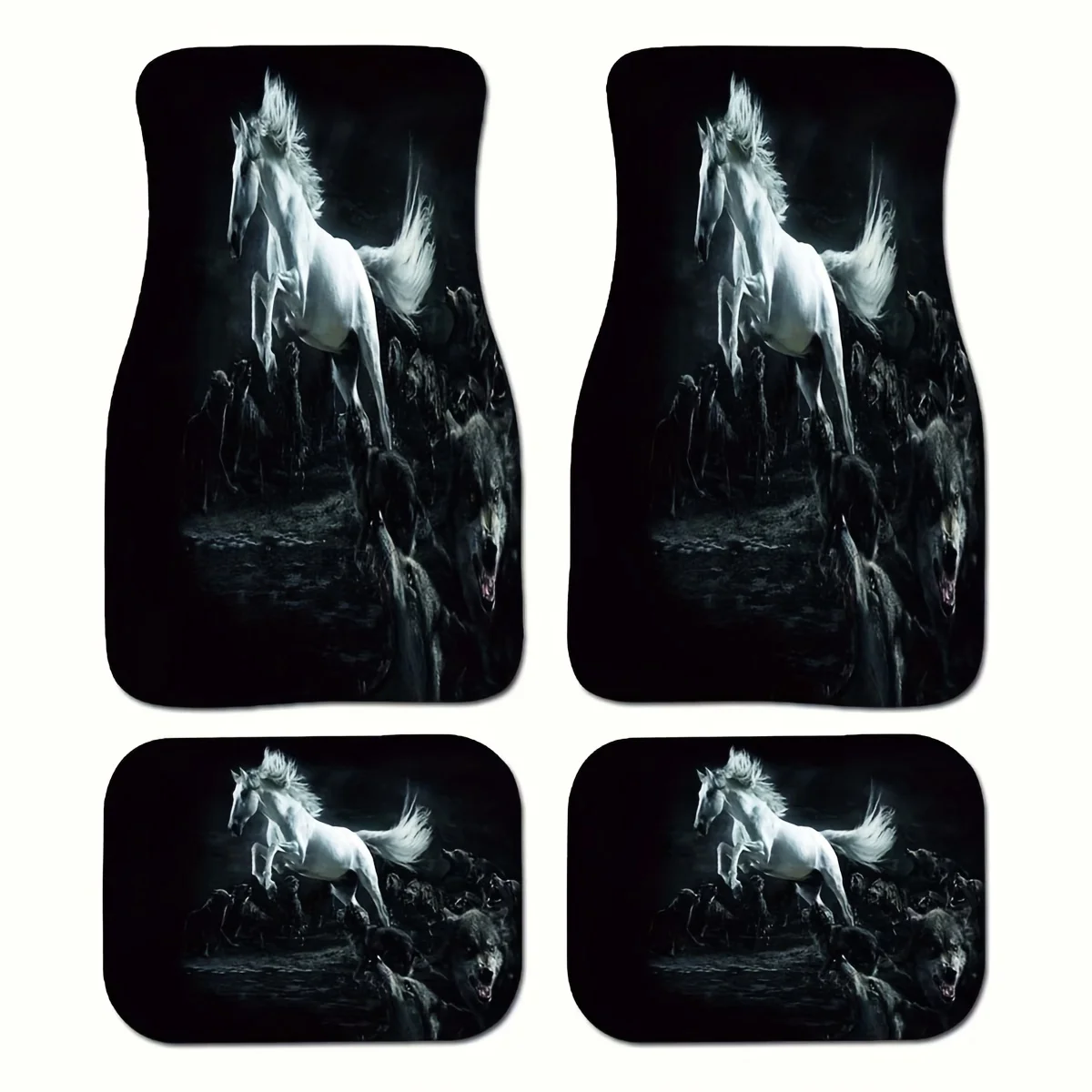 

4pcs Horse & Wolf Print Car Floor Mats - Crystal Velvet Full Coverage Front/Rear Liners With Horse & Wolf Design, Fit For SUV, V