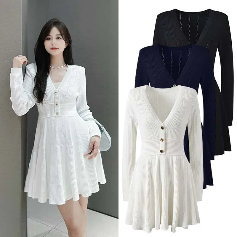 

Elegant Hollow Out Short Knitted Dresses V Neck Long Sleeve Temperament For Women New High Waist Slimming Ladies Party Vestidos