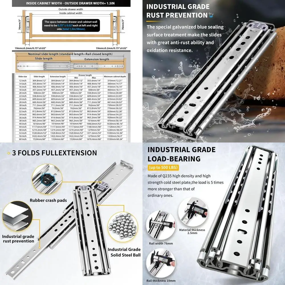 

Длинные направляющие-слайдеры с шарикоподшипниками, боковое крепление, выдвижные от 12 до 60 дюймов, грузоподъемность 480 фунтов, пара.